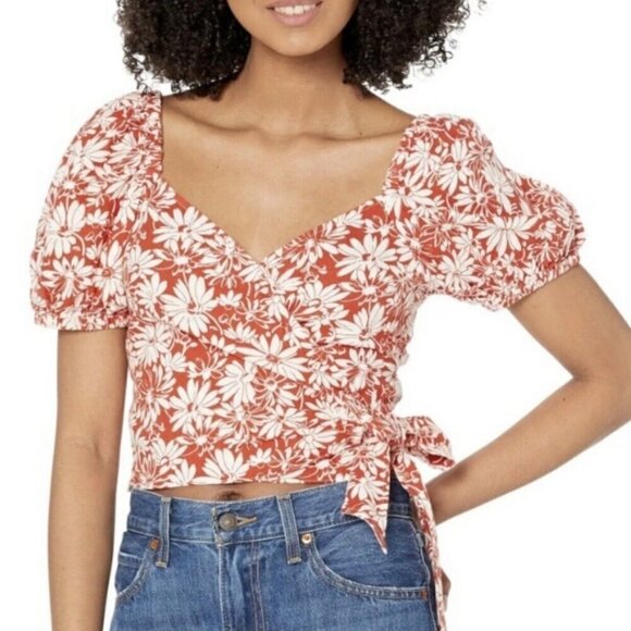 Madewell Floral Linen Puff Sleeve Wrap Top S Peasant Y2K Cottagecore Milkmaid - Picture 1 of 8